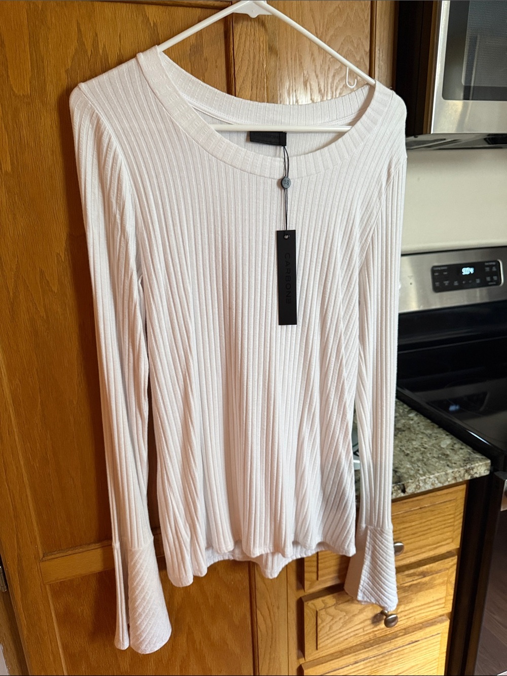 Carbon38 White Ribbed Long-Sleeve Top Bell sleeve